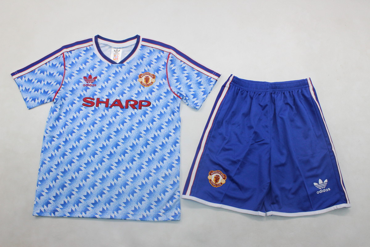 Kids-Manchester Utd 90/92 Away Blue Soccer Jersey